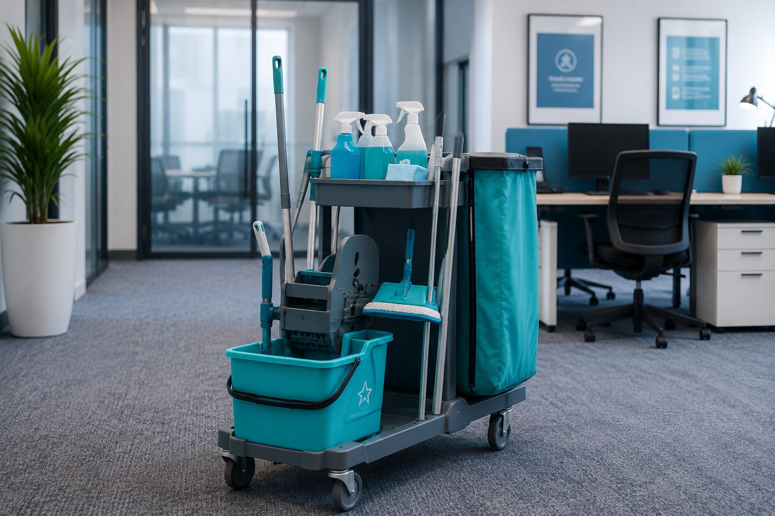 Chariot de nettoyage professionnel dans un open space