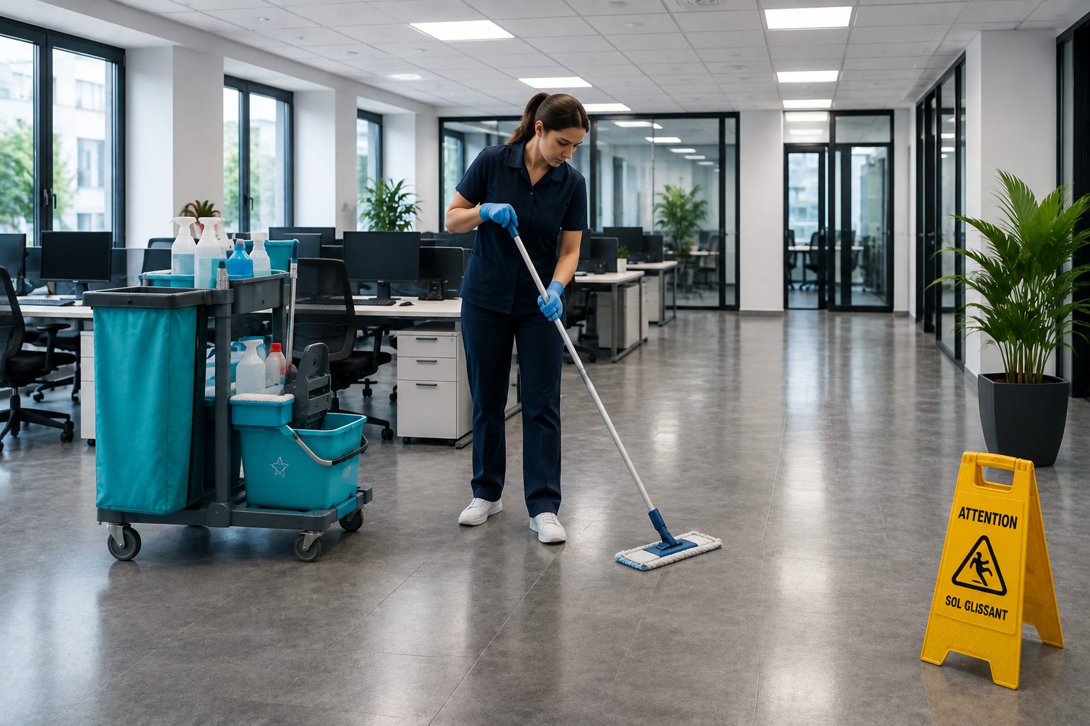Lavage des sols dans des bureaux professionnels